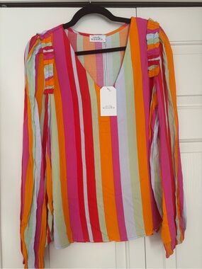 Emily Wonder Multicolor Striped V-Neck Blouse in Pink & Orange